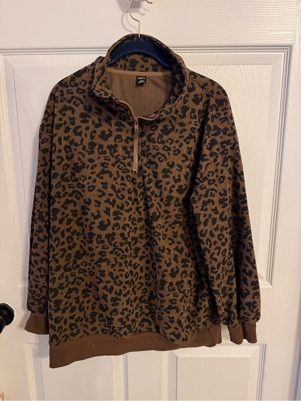 Cozy Leopard-Print Quarter-Zip Pullover Jacket - Brown
